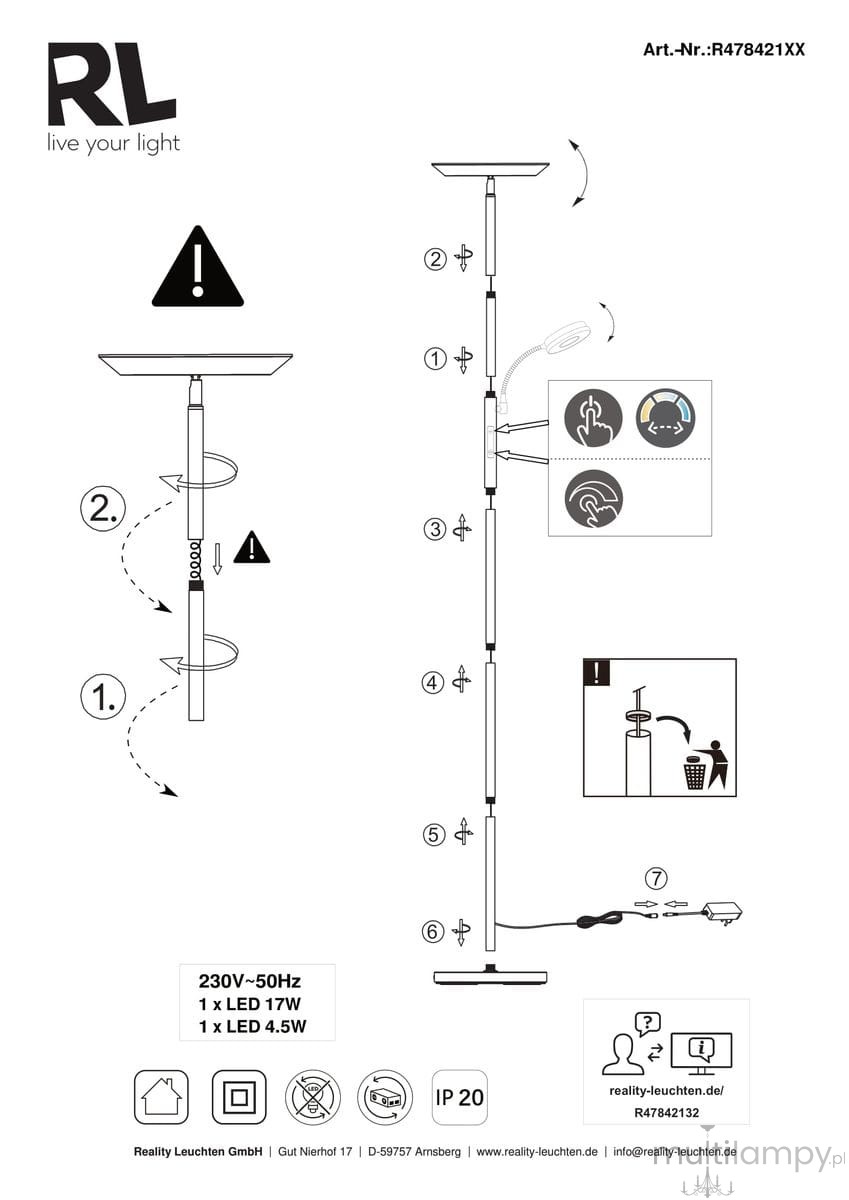Lampa podłogowa Specter w kolorze czarnym, z dwoma źródłami LED o łącznej mocy 21,5W. Ustawiona w pozycji stojącej, z okrągłym kloszem i prostym, metalowym stelażem. Zawiera możliwość regulacji intensywności światła.