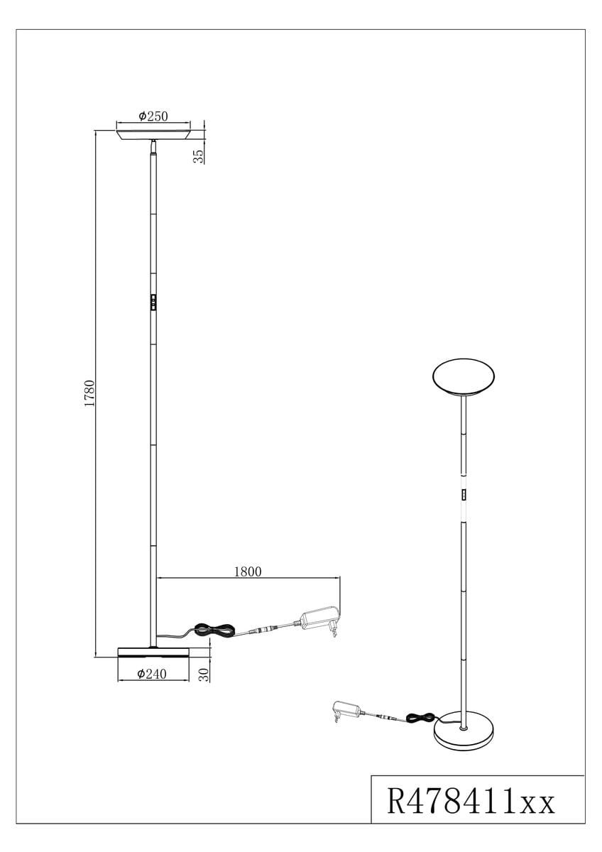 Lampa podłogowa Specter w kolorze czarnym, z pojedynczym źródłem światła LED o mocy 17W. Posiada okrągłą podstawę o średnicy 24 cm i smukły słup o wysokości 178 cm, z włącznikiem na korpusie.