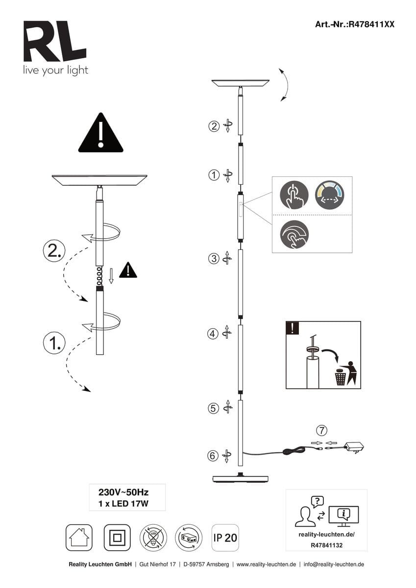 Lampa podłogowa Specter w kolorze czarnym, z jedną żarówką LED 17W. Prosta, smukła konstrukcja z okrągłym kloszem na górze. Ujęcie z boku, pokazujące detal włącznika dotykowego. Lampa stoi na stabilnej podstawie, idealna do nowoczesnych wnętrz.