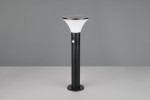 Lampa stojąca ogrodowa solarna Gorda H50 w kolorze czarnym z czujnikiem ruchu. Posiada cylindryczny metalowy słupek oraz okrągłą głowicę z przezroczystym kloszem. Widoczny przycisk włączania oraz miejsce na panel słoneczny.