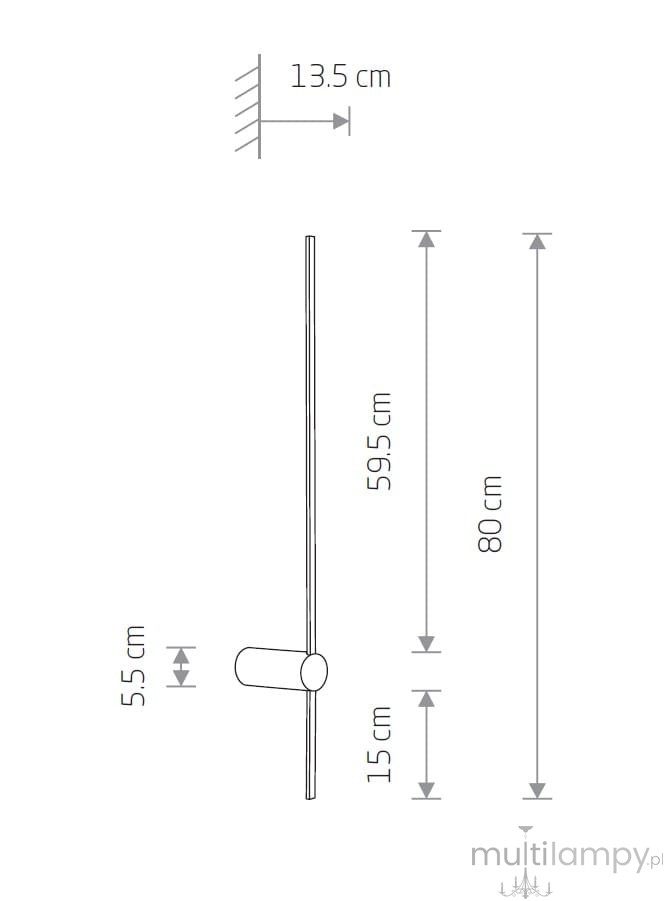Kinkiet Saber 80 w kolorze białym, wykonany z metalu i szkła, z jedną diodą LED o mocy 11W i barwie 3000K. Wysokość 80 cm, szerokość 13,5 cm, z cylindrycznym elementem o średnicy 5,5 cm na wysokości 15 cm. Prosty, nowoczesny design.