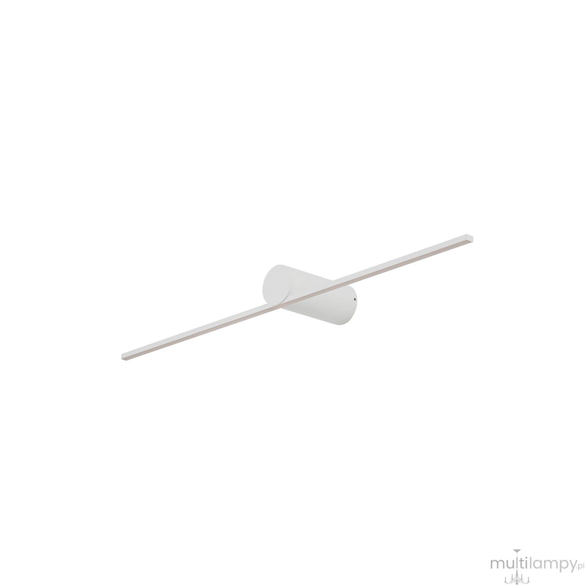Kinkiet Spin 66 w kolorze białym z zamontowanym źródłem światła LED o mocy 10W i temperaturze barwowej 3000K. Produkt ma cylindryczny uchwyt oraz prostokątną, poziomą oprawę, umieszczony na jednolitym tle.