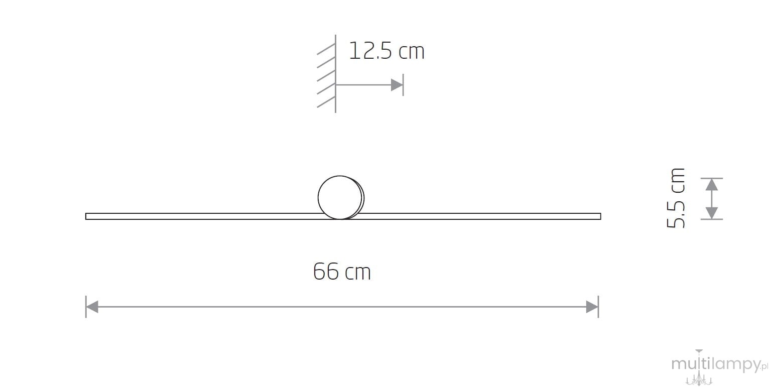 Kinkiet Spin 66 w kolorze białym, o wymiarach 66 cm długości, 5.5 cm wysokości i 12.5 cm głębokości. Posiada okrągły detal montażowy. Źródło światła LED o mocy 10W i temperaturze barwowej 3000K. Produkt zamontowany na ścianie.