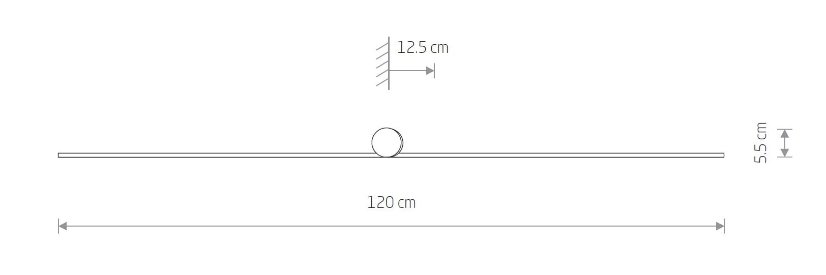 Kinkiet Spin 120 w kolorze białym, długość 120 cm, wysokość 5,5 cm, z okrągłym elementem na środku. Zasilany diodą LED o mocy 16W i temperaturze barwowej 3000K. Montowany na ścianie, widok frontalny.