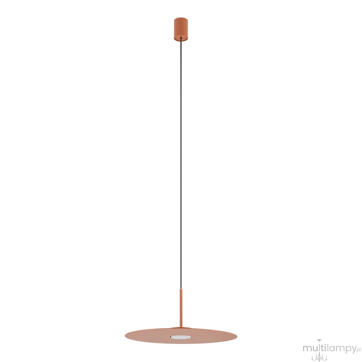 Lampa wisząca Simone w kolorze ceglastym, z okrągłym kloszem i cienkim przewodem. Klosz ma matową powierzchnię oraz zamontowane gniazdo na żarówkę GX53. Produkt w pozycji wiszącej, na prostym tle.