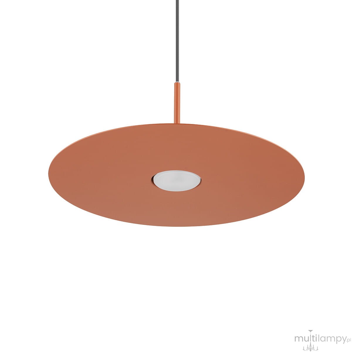 Lampa wisząca Simone 1xGX53 w kolorze ceglastym, o okrągłej, płaskiej konstrukcji z centralnym źródłem światła. Wisi na cienkim przewodzie, prezentując nowoczesny design. Prosta forma, idealna do aranżacji wnętrz.
