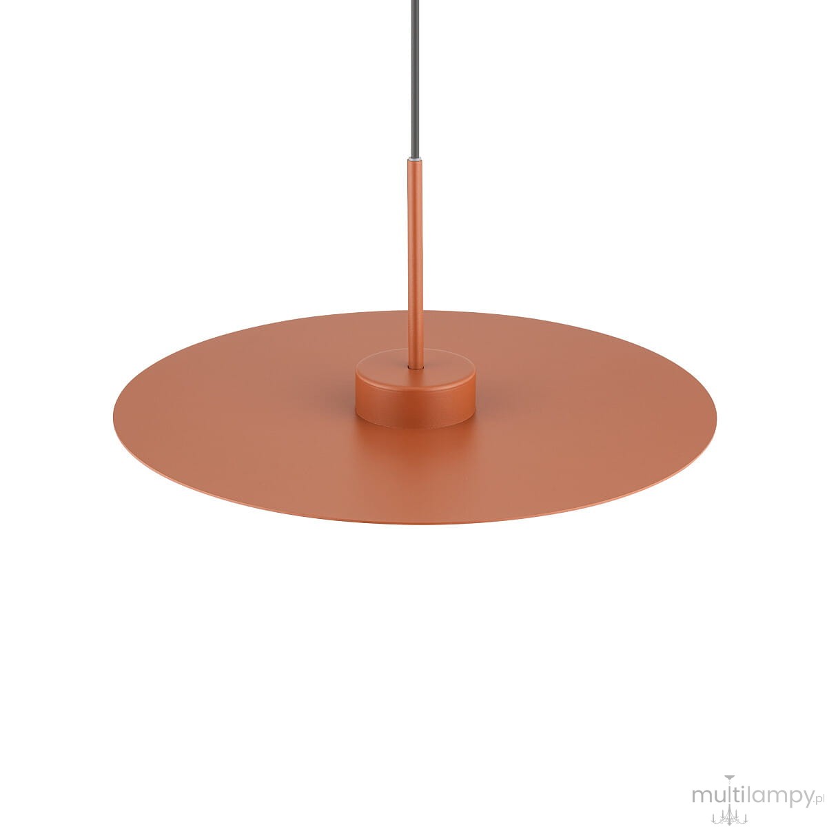 Lampa wisząca Simone 1xGX53 w kolorze ceglastym, o okrągłej, matowej podstawie i cienkim zwisie. Produkt widoczny z dołu, z centralnym mocowaniem. Idealna do nowoczesnych aranżacji wnętrz.