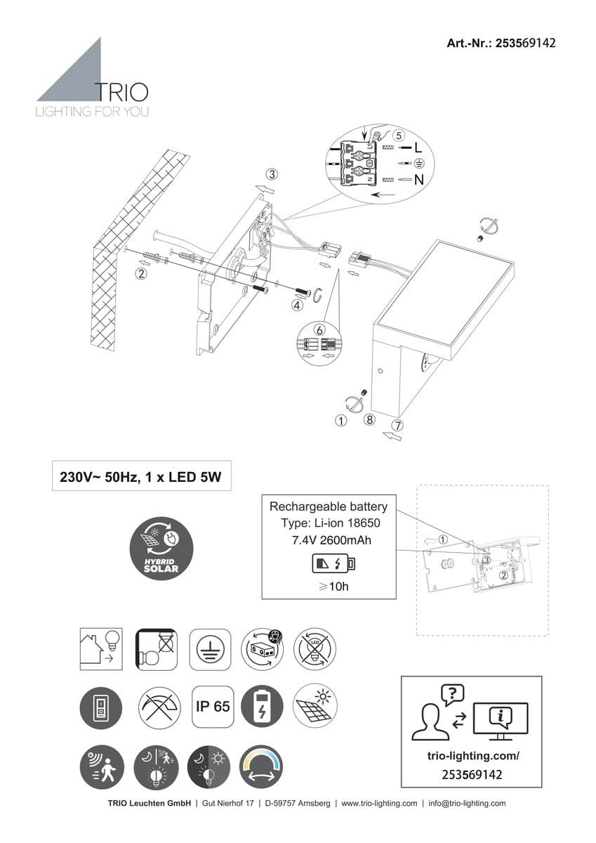 Blyde Hybrid kinkiet zewnętrzny, antracytowy, z czujnikiem ruchu, 1xLED 5W, IP65. Produkt montowany na ścianie, z prostokątną obudową i minimalistycznym designem. Widoczne logo producenta i oznaczenia dotyczące zasilania.