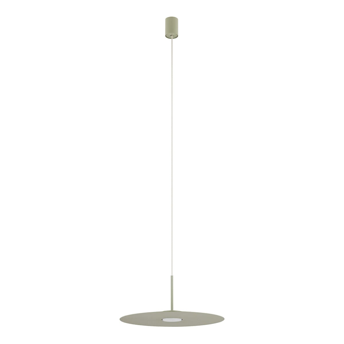 Lampa wisząca Simone w kolorze szałwiowym z jednym źródłem światła GX53. Ma okrągły, płaski klosz oraz długi, cienki przewód. Ujęcie frontalne, na białym tle, ukazujące całość produktu.
