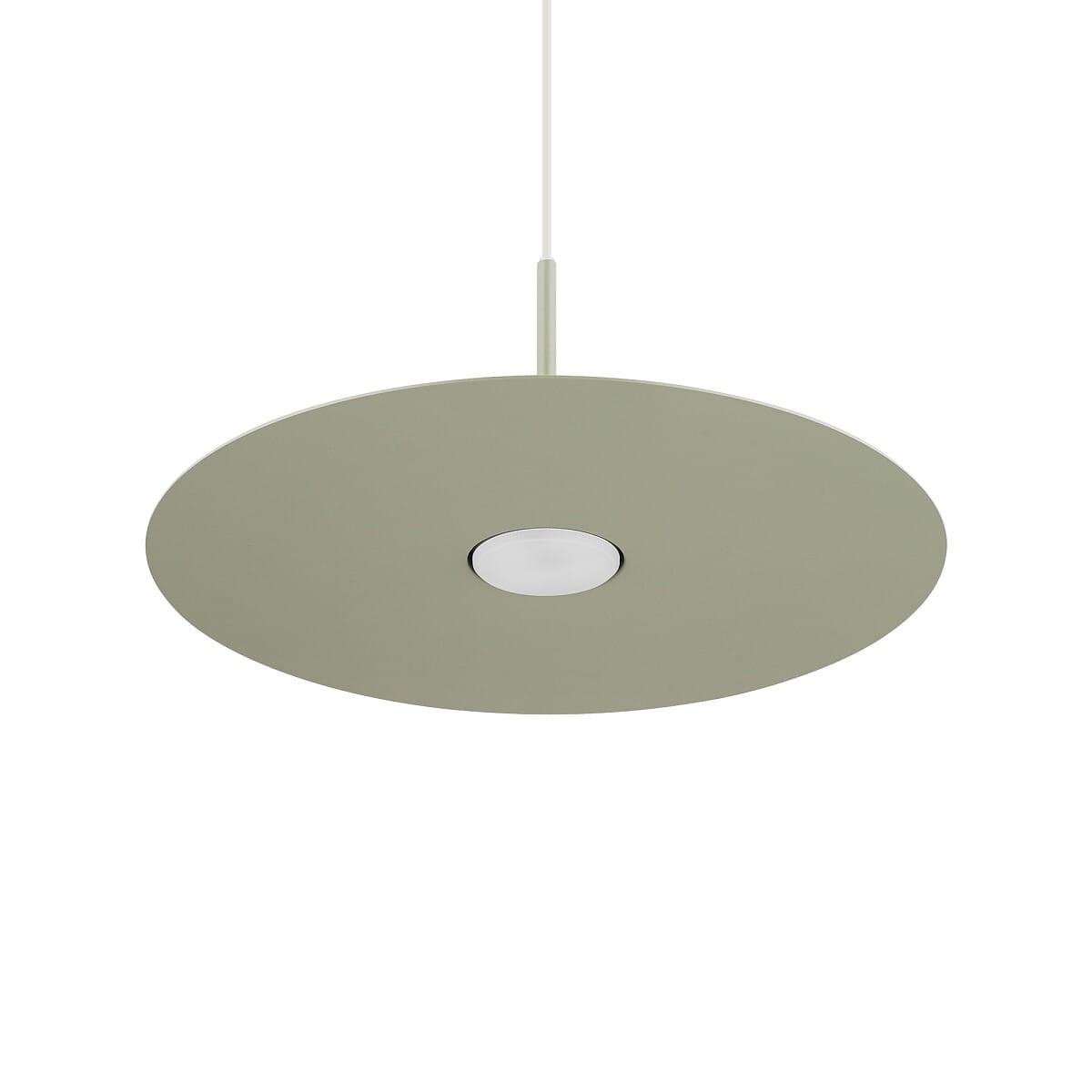 Lampa wisząca Simone w kolorze szałwii, o okrągłym kształcie, zawieszona na cienkim przewodzie. Posiada centralne źródło światła z oprawą GX53. Tło białe, co podkreśla subtelność designu.