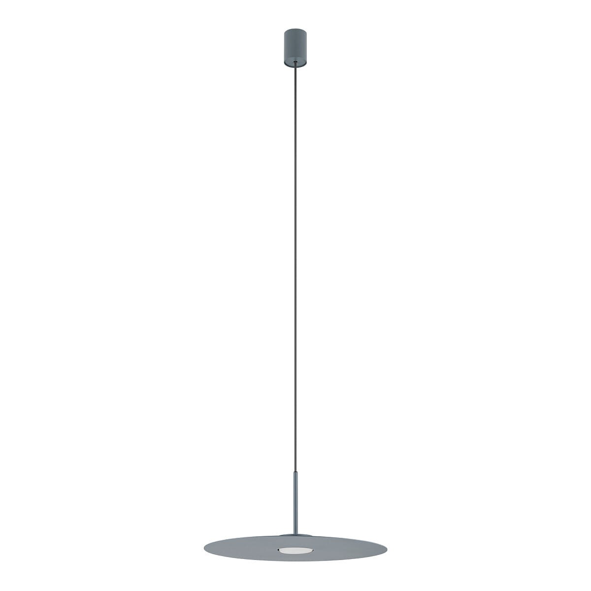 Niebieska lampa wisząca Simone z jedną oprawą GX53, zawieszona na cienkim kablu. Posiada okrągły, płaski klosz z centralnym otworem, montowana sufitowo. Tło białe, co podkreśla kolor i kształt lampy.
