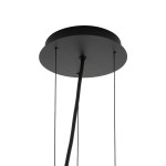 Lampa wisząca Satellite S z trzema gniazdami E27, czarna. Widok z dołu, pokazujący okrągły, matowy sufitowy uchwyt oraz dwa przewody mocujące. Prosty, nowoczesny design, idealny do różnych wnętrz.