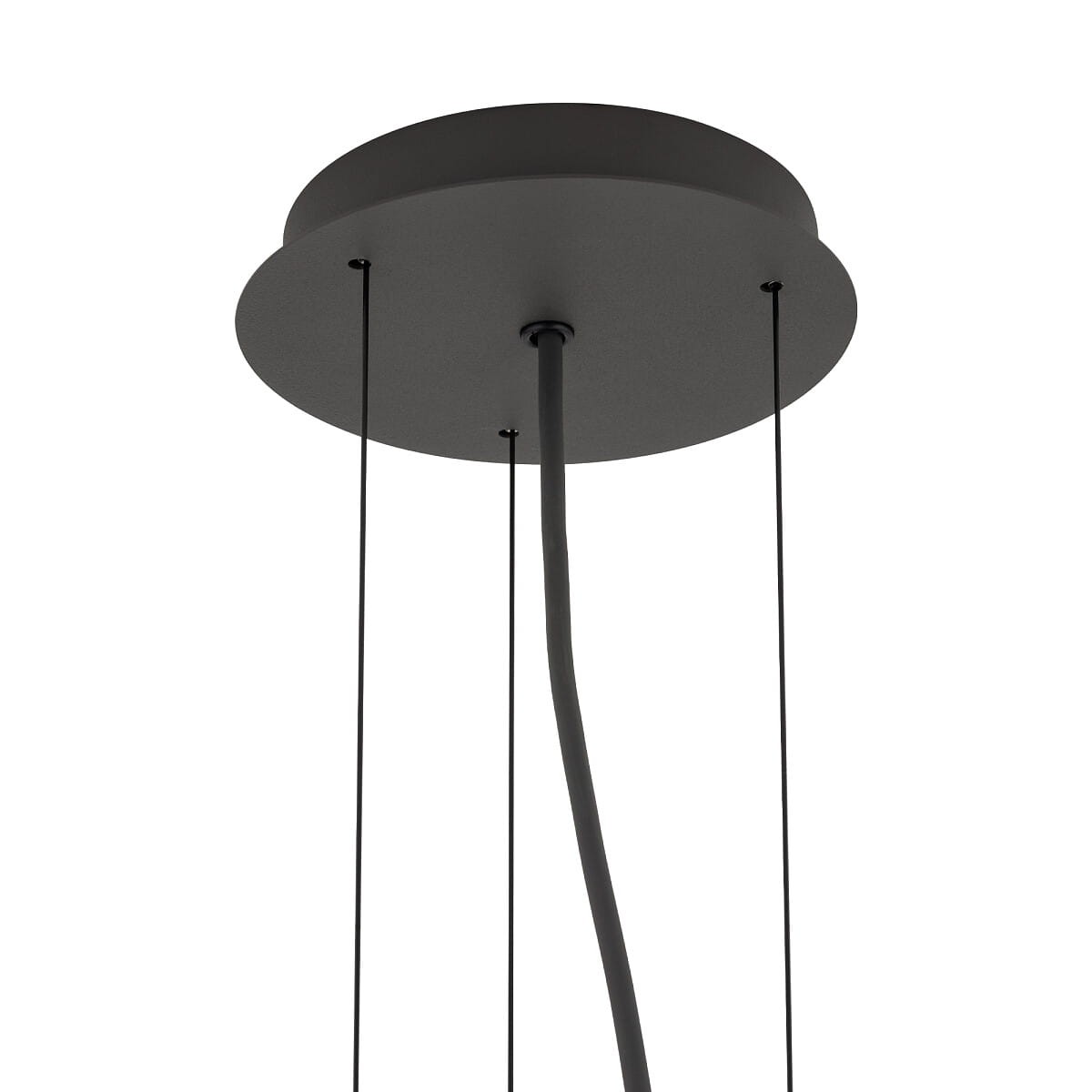 Grafitowa lampa wisząca Satellite S z trzema oprawami E27, widok od dołu. Okrągła podsufitka z matowego metalu, dwa przewody zawieszenia. Prosty, minimalistyczny design, idealna do nowoczesnych wnętrz.