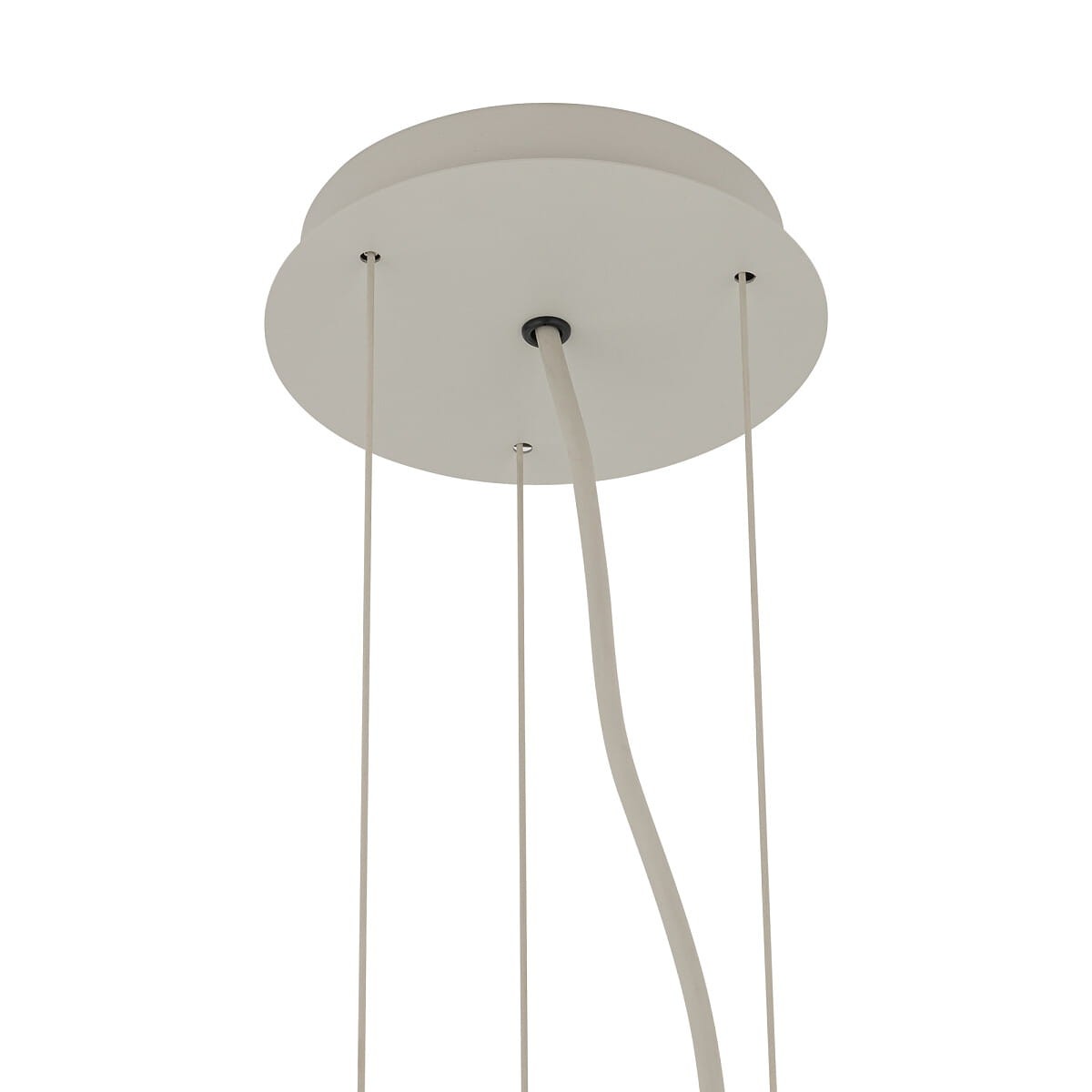 Lampa wisząca Satellite S z trzema miejscami na żarówki E27, w kolorze szarym. Ujęcie z dołu pokazujące okrągłą podstawę i przewody. Elementy montażowe są widoczne, a całość ma prosty, nowoczesny design.