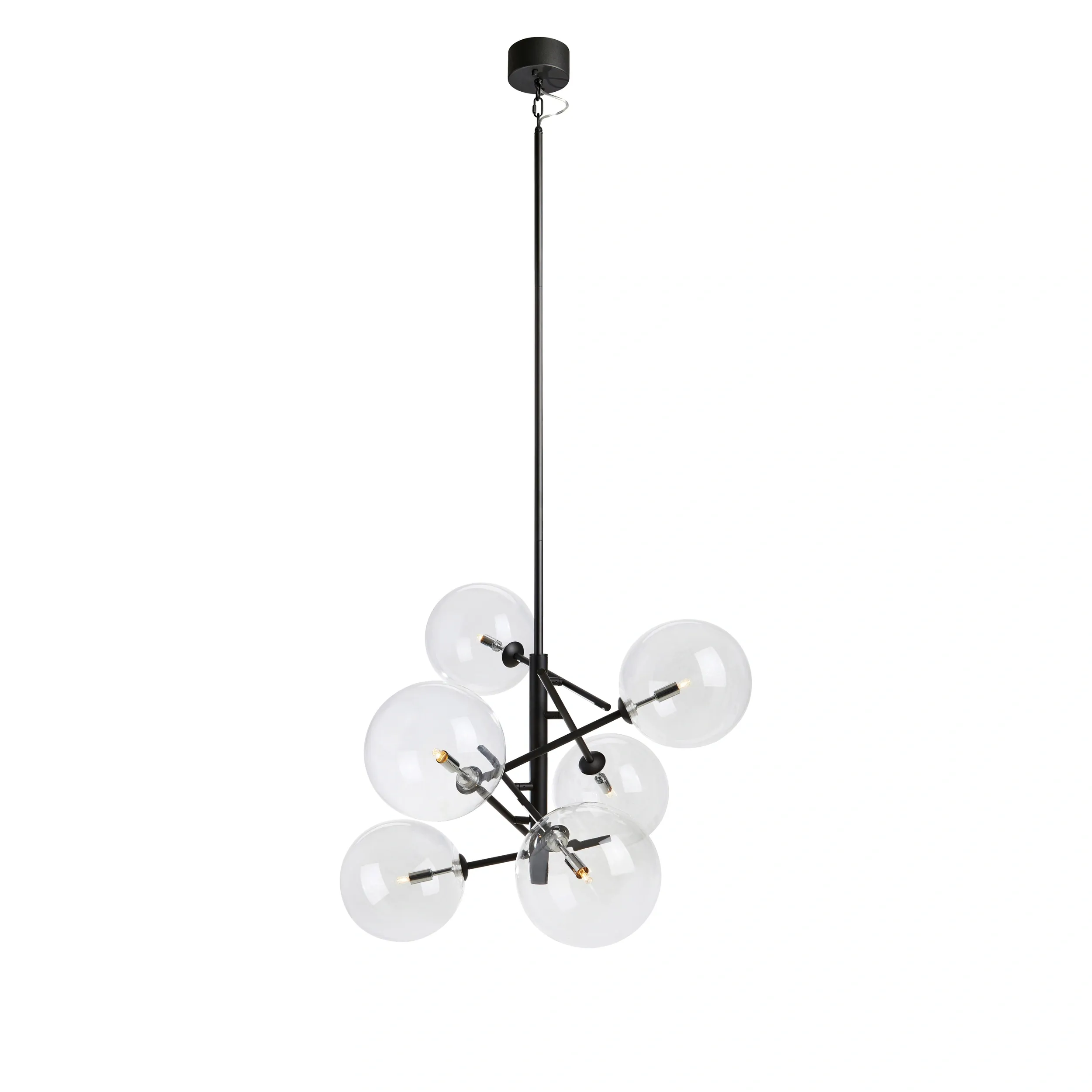 Lampa wisząca Andrew w kolorze czarnym z sześcioma szklanymi kulami. Produkt zawieszony na długim, czarnym przewodzie. Kule mają przezroczystą fakturę, a całość ma nowoczesny, minimalistyczny wygląd.