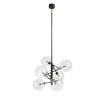 Lampa wisząca Andrew w kolorze czarnym z sześcioma szklanymi kulami. Produkt zawieszony na długim, czarnym przewodzie. Kule mają przezroczystą fakturę, a całość ma nowoczesny, minimalistyczny wygląd.