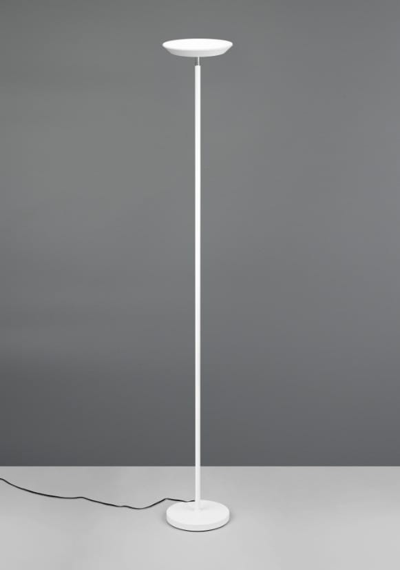 Lampa podłogowa Specter w kolorze białym, z okrągłym kloszem u góry i smukłym, prostym stelażem. Ujęcie frontalne, stojąca na płaskiej podstawie. Widoczny przewód zasilający. Idealna do nowoczesnych wnętrz.