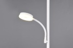 Lampa podłogowa Specter w białym kolorze z dwiema diodami LED o mocy 21,5W. Posiada elastyczny ramie, pozwalające na regulację kierunku światła. Ujęcie z boku, pokazujące detal głowicy lampy i giętką część. Tło w jasnoszarym kolorze.