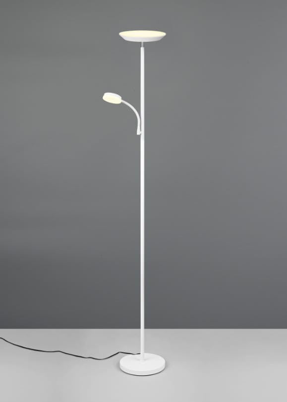 Lampa podłogowa Specter, biała, z dwoma źródłami światła LED (21,5W). Posiada główną lampę w kształcie talerza oraz elastyczne ramię z małą lampą. Stoi na okrągłej podstawie, z przewodem zasilającym widocznym na podłodze.