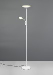 Lampa podłogowa Specter, biała, z dwoma źródłami światła LED (21,5W). Posiada główną lampę w kształcie talerza oraz elastyczne ramię z małą lampą. Stoi na okrągłej podstawie, z przewodem zasilającym widocznym na podłodze.