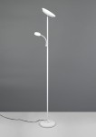 Lampa podłogowa Specter w kolorze białym z dwoma źródłami światła LED. Wysoka, smukła konstrukcja z okrągłą podstawą. Główna lampa w formie płaskiego klosza, dodatkowe źródło światła na elastycznym ramieniu. Kabel zasilający widoczny u podstawy.
