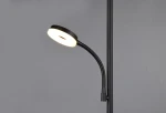 Czarna lampa podłogowa Specter z dwoma źródłami LED o mocy 21,5W, z elastycznym ramieniem. Kluczowy element to okrągła głowica z białym światłem, zamontowana na cienkiej, prostokątnej nodze. Tło szare, minimalistyczne.