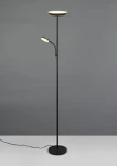 Lampa podłogowa Specter w kolorze czarnym, z dwiema źródłami LED. Główna lampa ma okrągłą, płaską oprawę na górze, a dodatkowe, elastyczne światło na bocznej nodze. Ustawiona pionowo na okrągłej podstawie, z widocznym kablem zasilającym.