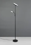 Lampa podłogowa Specter w kolorze czarnym, z dwoma źródłami światła LED (21,5W). Posiada długą, prostą nogę i mały, elastyczny wysięgnik. Ustawiona pionowo na okrągłej podstawie, z kablem zasilającym widocznym z boku. Tło szare.