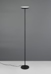 Czarna lampa podłogowa Specter z jedną diodą LED o mocy 17W, o minimalistycznym designie, z okrągłą podstawą i cienkim słupkiem. Ujęcie frontalne, produkt stoi na białej powierzchni, z widocznym kablem zasilającym.