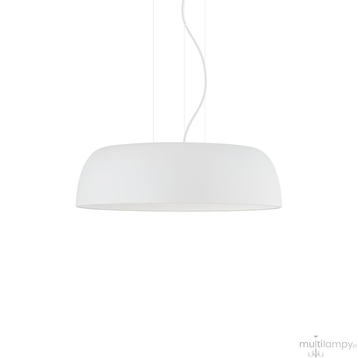 Lampa wisząca Satellite M w kolorze białym, o okrągłym kształcie, przeznaczona na 7 żarówek E27. Wisi na białym przewodzie, prezentując minimalistyczny design. Tło proste, jednolite, co podkreśla elegancki wygląd lampy.