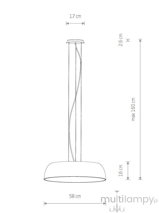 Lampa wisząca Satellite M w kolorze białym, wykonana z metalu, z okrągłym kloszem o średnicy 58 cm i wysokości 16 cm. Wisi na cienkim przewodzie, z maksymalną wysokością montażu 160 cm. Przeznaczona na 7 żarówek E27.