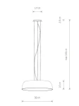 Lampa wisząca Satellite M w kolorze białym, wykonana z metalu, z okrągłym kloszem o średnicy 58 cm i wysokości 16 cm. Wisi na cienkim przewodzie, z maksymalną wysokością montażu 160 cm. Przeznaczona na 7 żarówek E27.