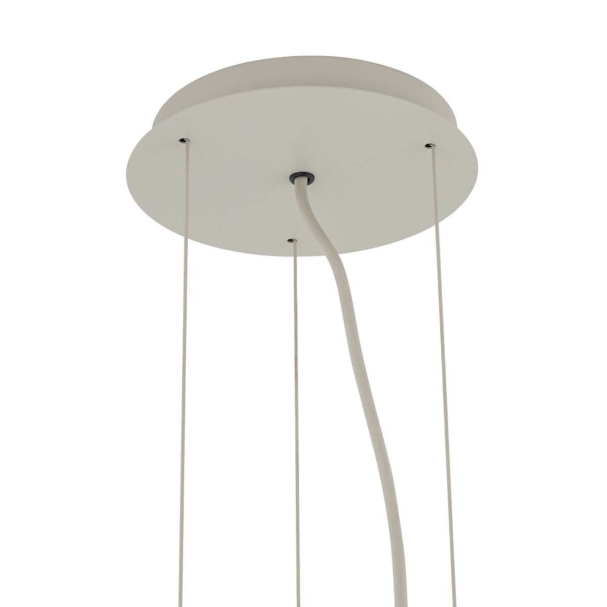 Lampa wisząca Satellite M w kolorze szarym, z okrągłym, płaskim sufitem. Widoczne dwa przewody mocujące. System na 7 żarówek E27. Prosta, minimalistyczna forma, idealna do nowoczesnych wnętrz.