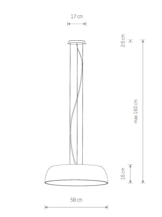Lampa wisząca Satellite M w kolorze szarym, z miejscem na 7 żarówek E27. Okrągła podsufitka o średnicy 58 cm i wysokości 17 cm, z regulowanym zawieszeniem do maksymalnej wysokości 160 cm. Prosta, nowoczesna forma.