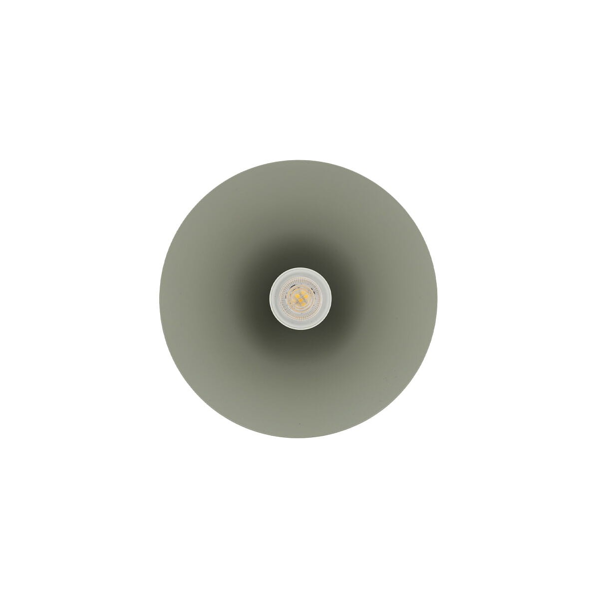 Lampa wisząca Zenith S w kolorze szałwiowym, o okrągłym kształcie, z gniazdem na żarówkę GU10, widoczna z góry. Gładka, matowa powierzchnia. Wewnątrz umieszczona żarówka LED.