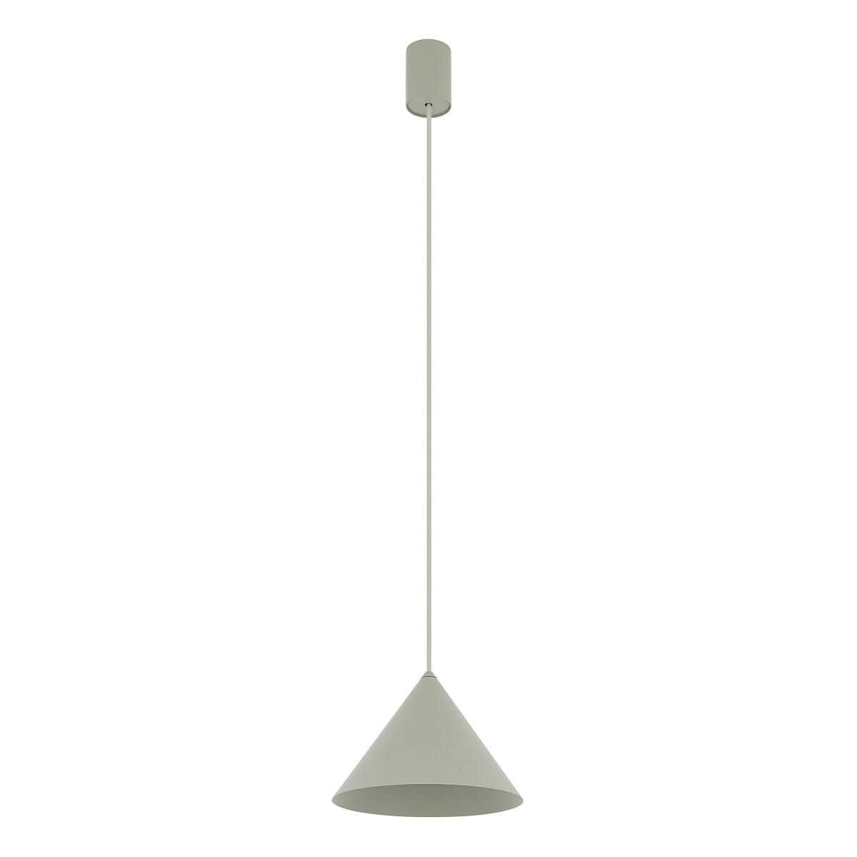 Lampa wisząca Zenith S w kolorze szałwia, z metalowym kloszem w kształcie stożka. Ujęcie frontalne, lampa zawieszona na cienkim przewodzie, z okrągłym mocowaniem sufitowym. Prosta, nowoczesna forma idealna do wnętrz.