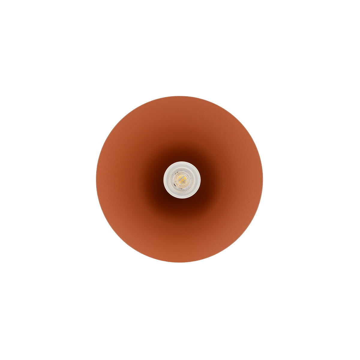 Lampa wisząca Zenith S w kolorze ceglastym, z okrągłym kloszem i jednym gniazdem GU10. Widok z góry, ukazujący gładką, matową powierzchnię oraz centralne miejsce na żarówkę. Prosty design, idealna do nowoczesnych wnętrz.