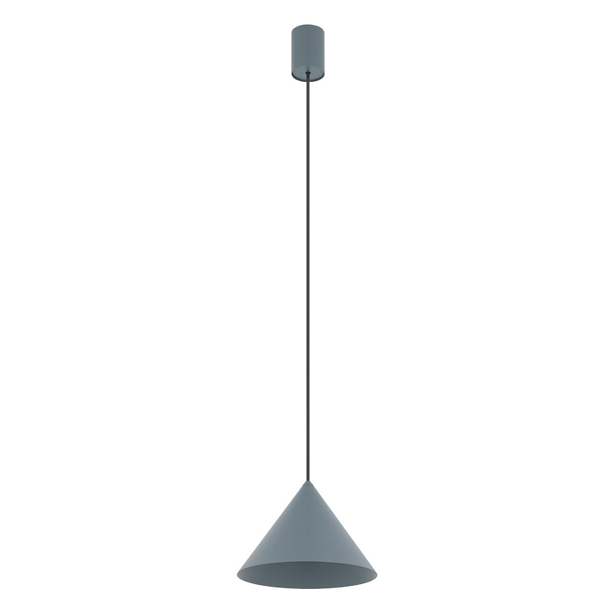 Lampa wisząca Zenith S w niebieskiej kolorystyce, o kształcie stożka, zawieszona na cienkim przewodzie. Posiada oprawkę na żarówkę GU10. Tło proste, białe, co podkreśla jej minimalistyczny design.