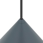 Niebieska lampa wisząca Zenith S z metalowym kloszem w kształcie stożka, zawieszona na czarnym przewodzie. Widok z góry, podkreślający detal mocowania i fakturę powierzchni.