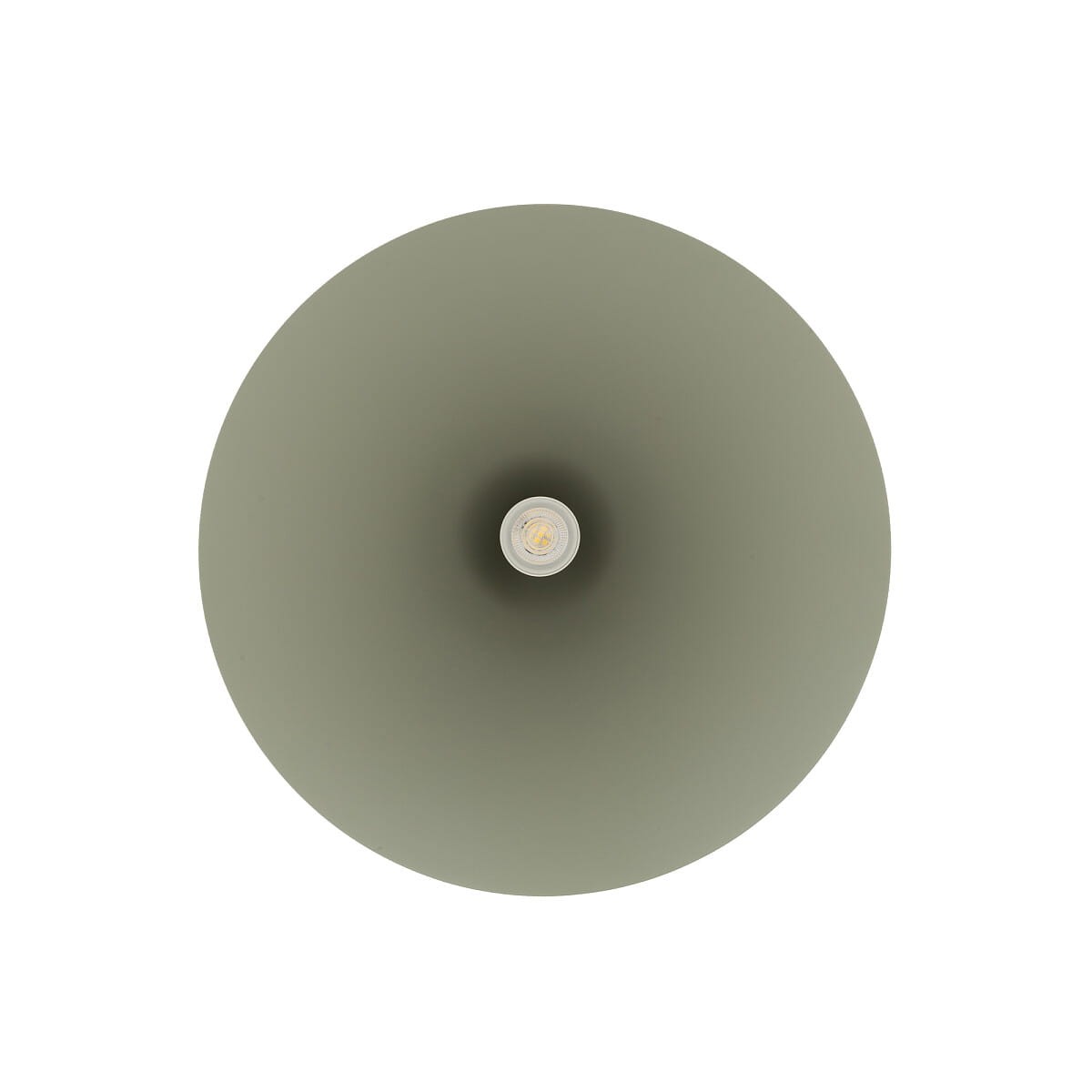 Lampa wisząca Zenith M w kolorze szałwii, z okrągłym kloszem. Ujęcie z góry, widoczny gwint na żarówkę GU10. Matowa powierzchnia klosza z delikatnym wykończeniem. Idealna do nowoczesnych wnętrz.