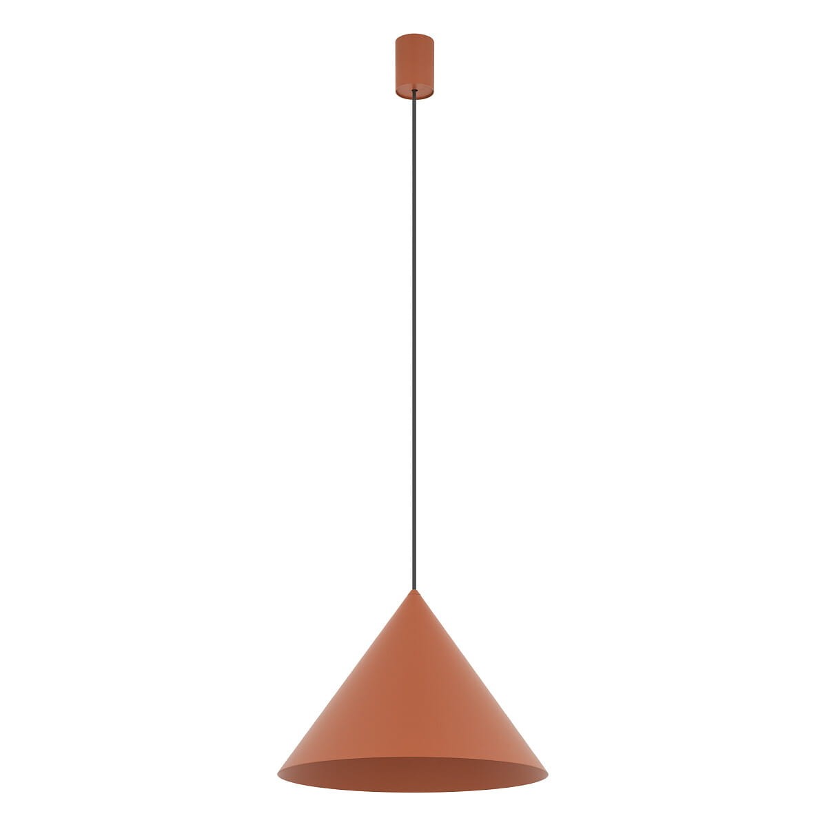 Lampa wisząca Zenith M w kolorze ceglastym, z metalowym kloszem w kształcie stożka. Zawieszona na cienkim, czarnym przewodzie, z okrągłym mocowaniem sufitowym. Przeznaczona na jedną żarówkę typu GU10.