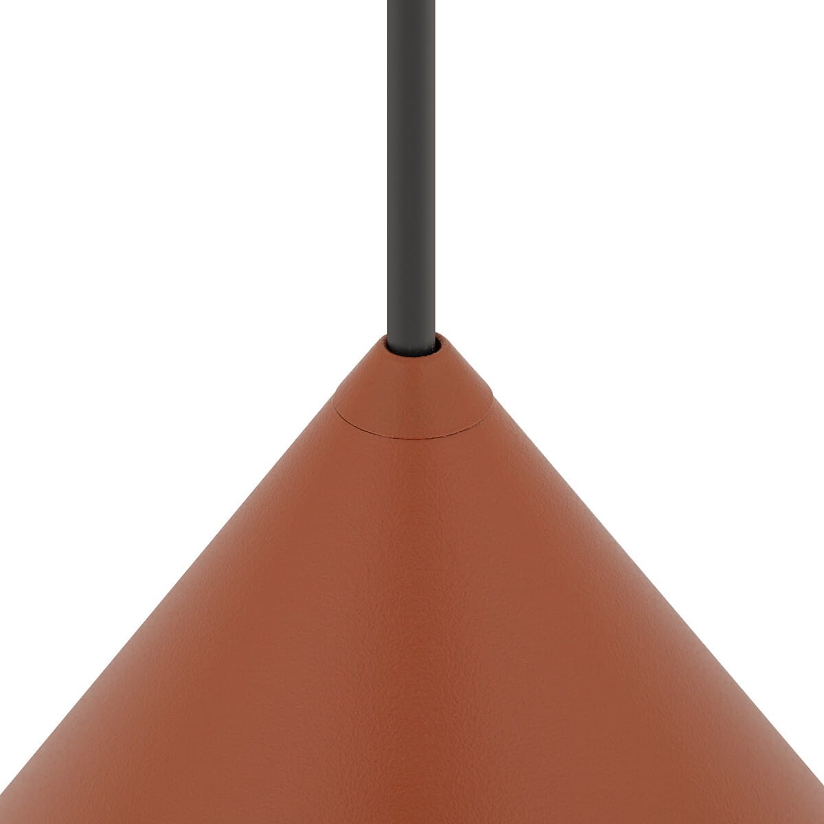 Lampa wisząca Zenith M w kształcie stożka, w kolorze ceglastym, z czarnym zawieszeniem. Widoczny detal łączenia metalowej podstawy i kabla. Idealna do nowoczesnych wnętrz.