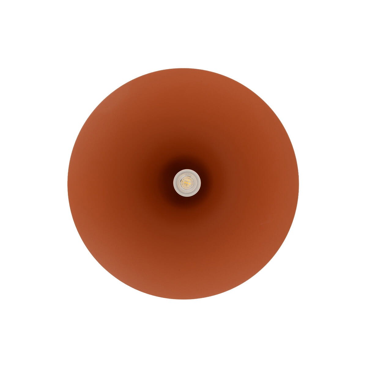 Lampa wisząca Zenith M w kolorze ceglastym z gładką powierzchnią. Okrągły klosz z widocznym gniazdem na żarówkę GU10, ujęcie z góry. Prosta forma, idealna do nowoczesnych wnętrz.
