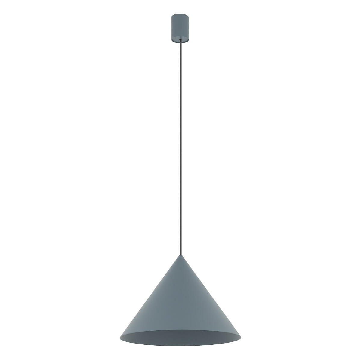Lampa wisząca Zenith M w kształcie stożka, w kolorze niebieskim, z miejscem na jedną żarówkę GU10. Zawieszona na cienkim przewodzie, z okrągłym mocowaniem sufitowym. Prosty design, idealna do nowoczesnych wnętrz.