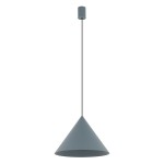 Lampa wisząca Zenith M w kształcie stożka, w kolorze niebieskim, z miejscem na jedną żarówkę GU10. Zawieszona na cienkim przewodzie, z okrągłym mocowaniem sufitowym. Prosty design, idealna do nowoczesnych wnętrz.