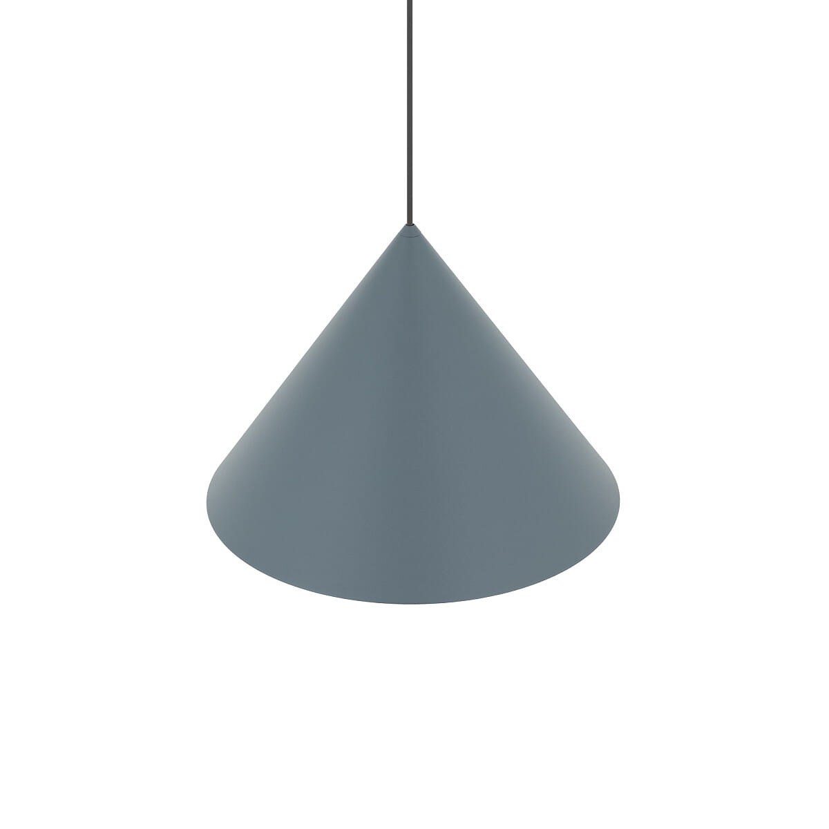 Lampa wisząca Zenith M w kształcie stożka, wykonana z niebieskiego metalu, zawieszona na cienkim przewodzie. Przeznaczona na jedną żarówkę GU10, idealna do nowoczesnych wnętrz. Tło białe, co podkreśla kolor lampy.