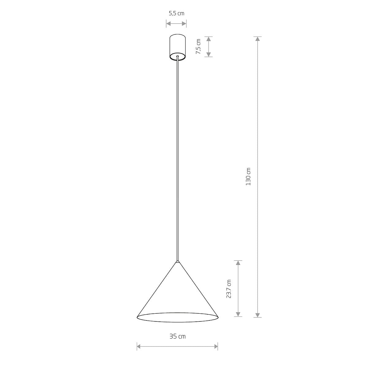 Lampa wisząca Zenith M w kolorze niebieskim, z kloszem w kształcie stożka o średnicy 35 cm i wysokości 23,7 cm. Długość zawieszenia wynosi 130 cm, z mocowaniem sufitowym o średnicy 5,5 cm. Przeznaczona na żarówkę GU10.