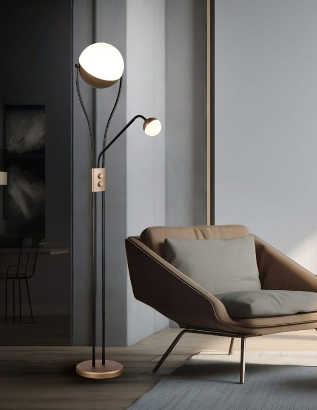 Lampa podłogowa Chris z dwoma źródłami LED, czarna z kawowymi akcentami. Okrągłe klosze w górnej i dolnej części na smukłych ramionach. Stojąca na okrągłej podstawie, obok wygodnego fotela w stonowanej aranżacji.