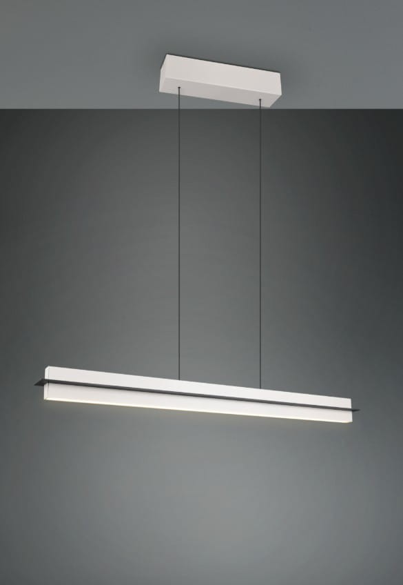 Lampa wisząca Emerson w kolorze szarym, z jedną diodą LED o mocy 22W. Posiada prostokątny klosz w formie cienkiego pasku, zawieszony na dwóch cienkich żyłkach. Montowana na płaskim, białym elemencie sufitowym.