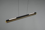 Lampa wisząca Emerson w kolorze czarnym, z metalowym elementem w odcieniu złotym. Oświetlenie LED o mocy 22W. Produkt zawieszony na cienkich linkach, o prostokątnym kształcie, z dwoma wbudowanymi źródłami światła. Tło jednolite, szare.